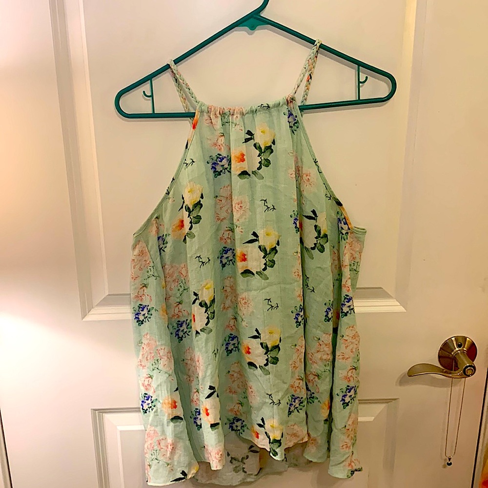 M Halter mint loose flowy tanktop with floral pattern, braided straps